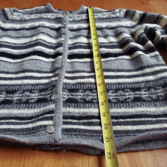 Karen Scott Cardigan Sweater Size L HOLES Gray 100% Wool Striped Button Up FLAWS - Picture 7 of 11